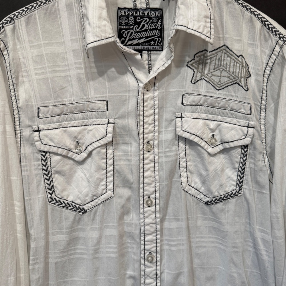 Affliction Black Premium Mens Slim Fit White Plaid Embroidered Button Down Shirt